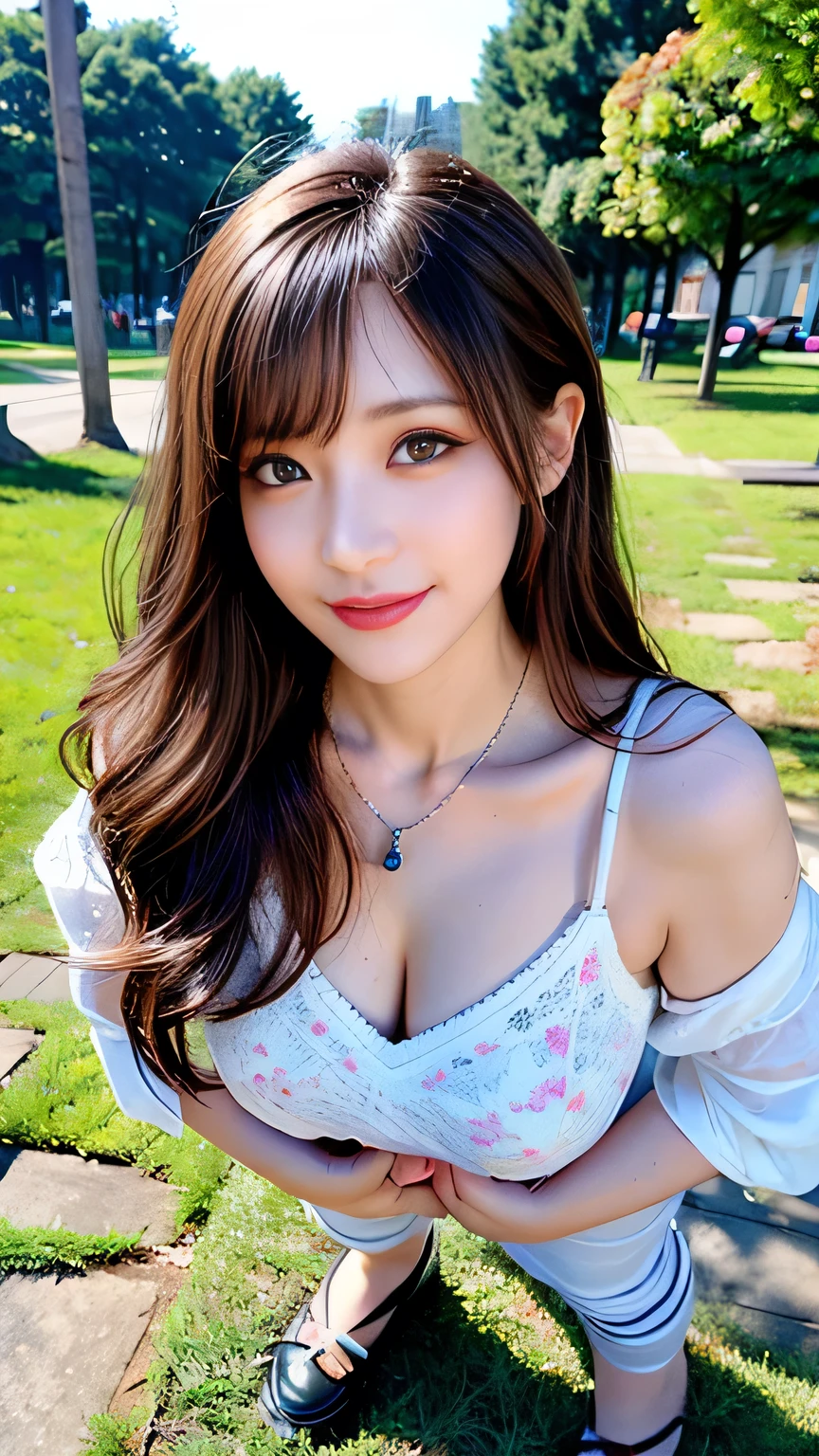 seed:4195271995,((Full Body Angle:1.１)),((Highest quality, 8K, masterpiece: 1.3)), concentrated: 1.2,Front hair:1.3, Cute girl 1,Nipples erect、 Perfect beauty: 1.4,Colorful casual red and white fruit print bodysuit、Shorts,: 1.2,Randall Color、comics＆Text Graphics、Black,1.1, Highly detailed face and skin textures, Fine grain, double eyelid, whitening skin, ,Highest quality,Ultra-high resolution,you,1 girl,alone,_Shiny_skin,Iris,necklace,((brown_length_Wavy_hair)),(lips)),eyelash,Front hair,deal with,compensate,Shiny,pore,skin big breasts、(smiling face)、Front hair、Walking in the park、walk