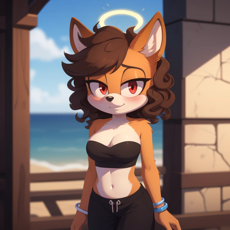 mobian, solo, hedgehog, two-tone fur ((orange fur, brown fur)), strapless crop top, baggy pants, cleavage, two-tone hair (brown hair, black tip)), curly hair, halo, sunglasses, jewelry, red eyes, longeyelashes, red eyes, smile, shy, blush,  framed, stereogram, image fill, viewfinder, depth of field, high details, high detail, masterpiece, UHD, anatomically correct, super detail, highres, 4K