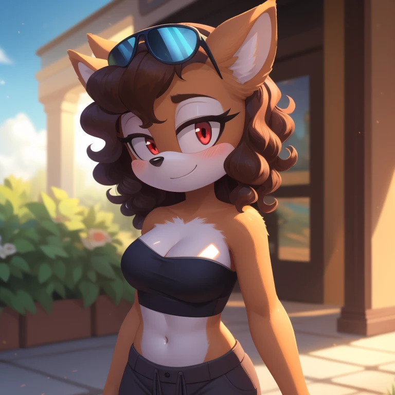 mobian, solo, hedgehog, two-tone fur ((orange fur, brown fur)), strapless crop top, baggy pants, cleavage, two-tone hair (brown hair, black tip)), curly hair, halo, sunglasses, jewelry, red eyes, longeyelashes, red eyes, smile, shy, blush,  framed, stereogram, image fill, viewfinder, depth of field, high details, high detail, masterpiece, UHD, anatomically correct, super detail, highres, 4K