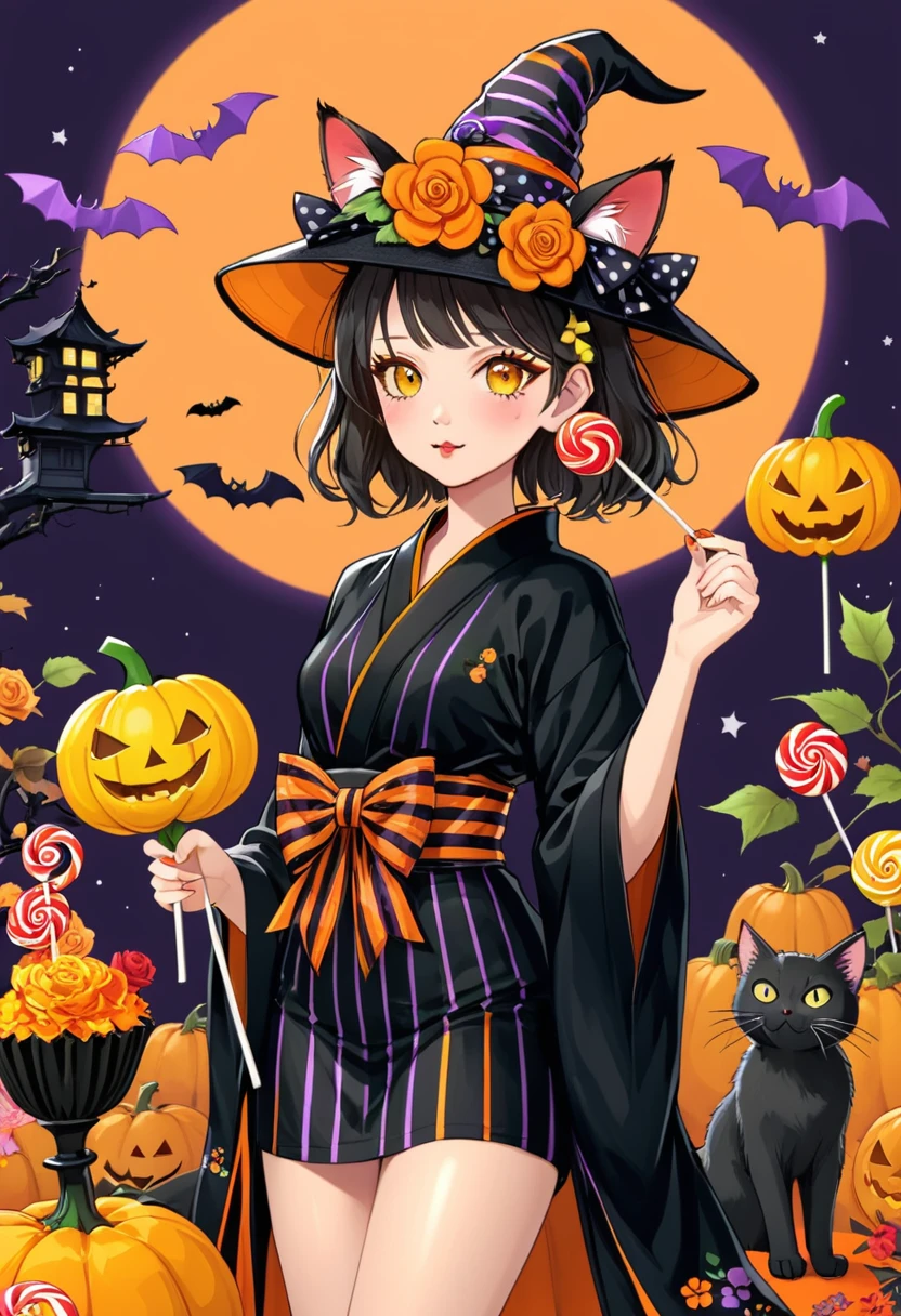 1girl,animal,black cat,black headwear,bow,candy,cat,flower,food,hair flower,hair ornament,halloween,hat,jack-o'-lantern,japanese clothes,kimono,lollipop,obi,orange bow,orange flower,orange ribbon,pumpkin,red flower,red rose,rose,spider web,striped,striped bow,striped kimono,striped ribbon,swirl lollipop,tail,tail bow,tail ornament,tail ribbon,vertical stripes,witch hat,yellow flower,yellow rose