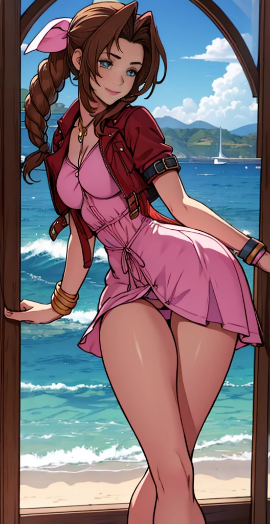 ​masterpiece, best qarity, Aerith Gainsborough, She is standing, she is raised, short dress, Athletic build, thin waste, broad hips, perky ass, gargantilha, Short jacket, hair bow, bracelet, pink dress, spectator side, smile, mouth shut, inside, stained glass, legs thick, big boobies, very short dress, she is standing, She is standing, beach scene