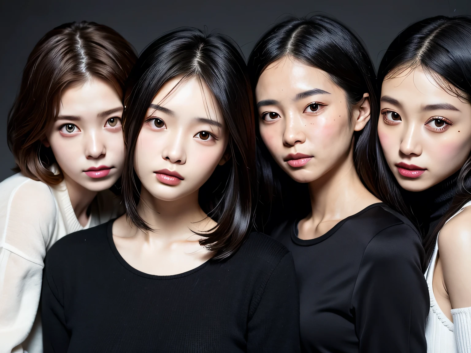 against the background of the night、30 year old beauty、3 people、Light eye makeup、Black hair color、flat 、Hair blowing in the wind、short hair、Long sleeve、 Ultra-Realistic Capture、Very detailed、High resolution 16k human skin closeup。Skin texture must be natural、The details must be clear enough to identify pores..、skin is healthy、There must be a unified tone、Use natural light and color、High quality photos taken by modeling agencies&#39;Exclusive photographer、smile