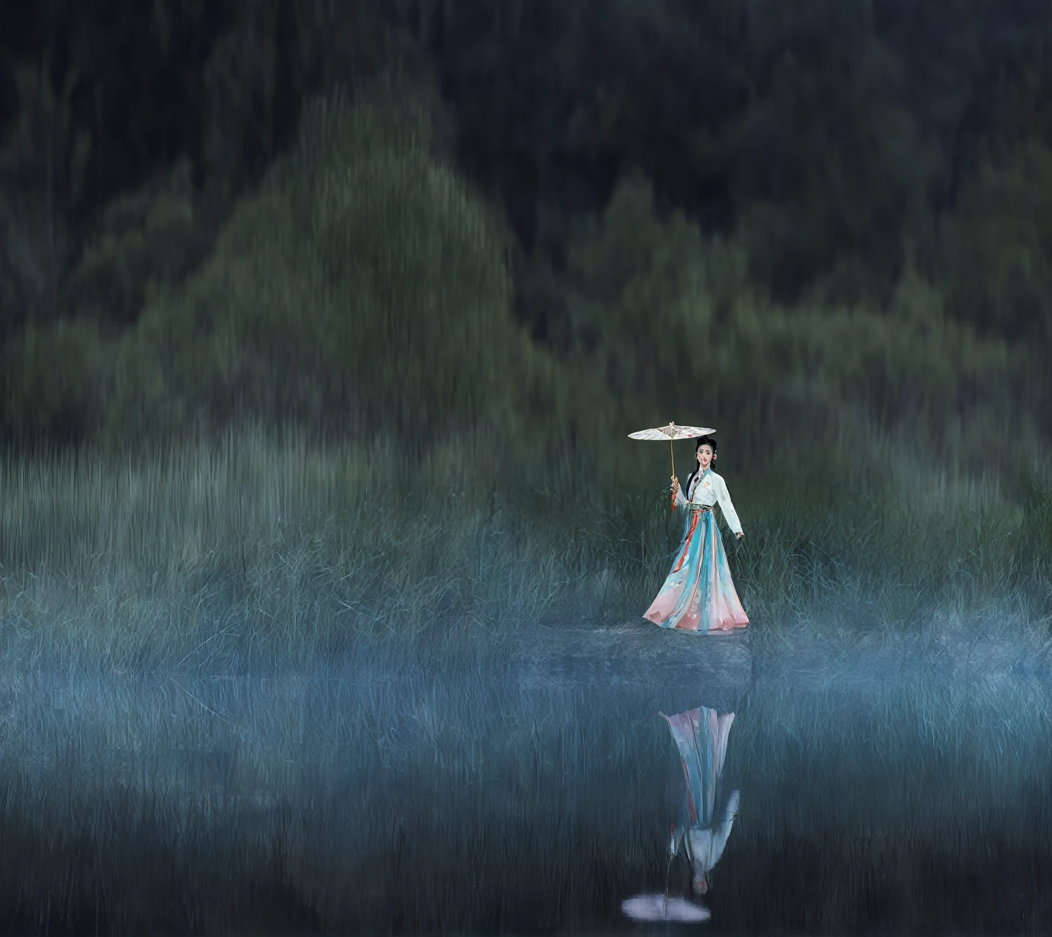 beautiful detailed eyes, beautiful detailed lips, extremely detailed eyes and face, longeyelashes, Chinese traditional costume, reflection in water, forest background, holding a white umbrella, serene expression, graceful pose, natural lighting, vibrant colors, soft flowing fabric, intricate embroidery, delicate makeup, ethereal atmosphere, tranquil