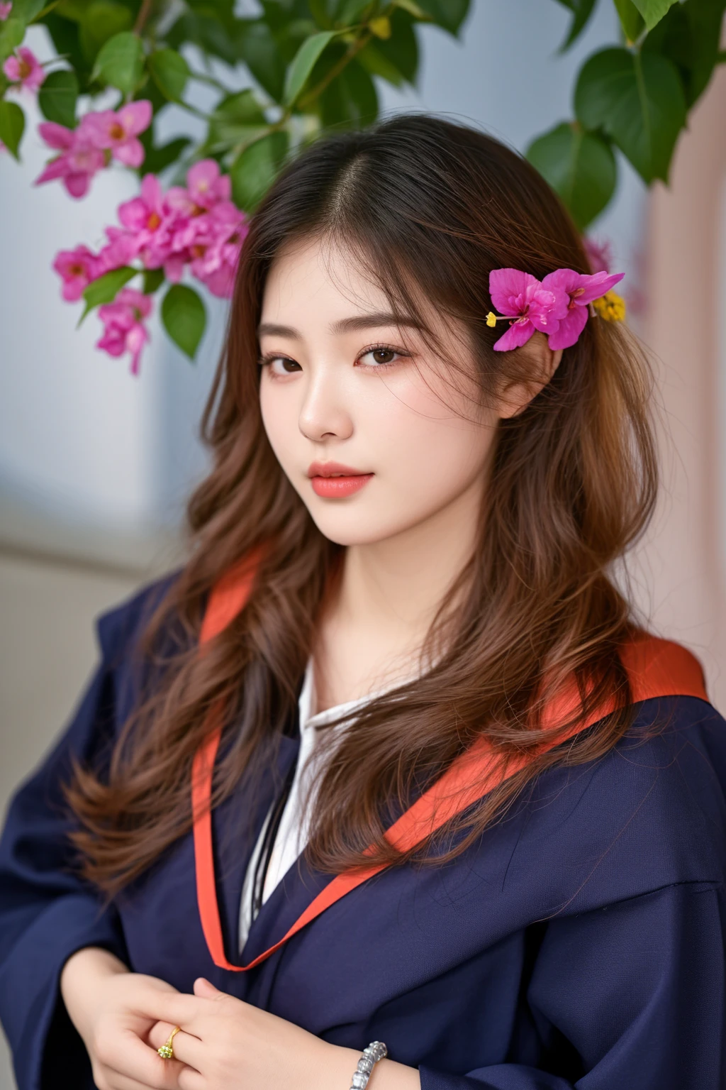 arafed woman in a graduation gown with a flower in her hair, taken with canon eos 5 d mark iv, a young asian woman, beautiful young korean woman, young asian woman, young asian girl, beautiful south korean woman, young cute wan asian face, taken with canon 8 0 d, taken with canon eos 5 d, dslr 5 0 mm portrait photo