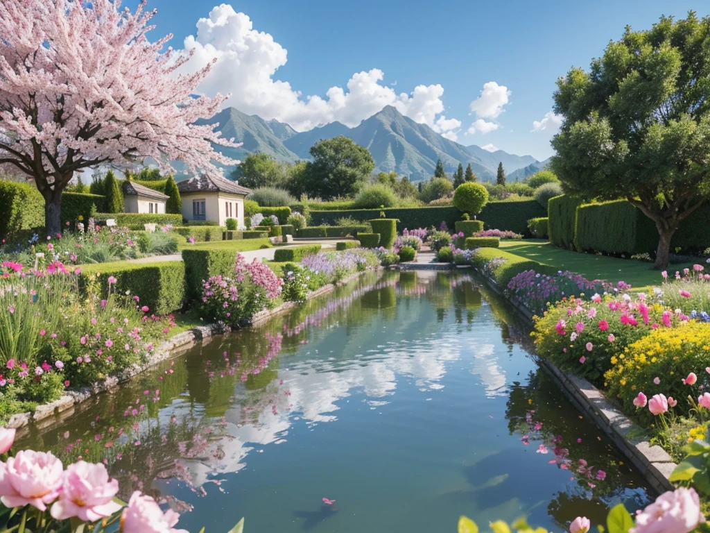 8K picture quality,Best quality,masterpiece,HD,Super rich detail,detailed,Many fairy-tale castles,The yard is huge,The yard is full of flowers,It is a rich garden,There are roses in the garden,Moonflower,Jasmine,Peach Blossom,club,apricot,chrysanthemum,Peony,Lavender,Cherry blossoms,Pomegranate flowers, ETC,A wide variety of flowers,All flowers are planted in one garden,There is also river water in the garden,Creek,pond,lake,Lake,Rios,J,Everything in the same picture,Lifelike,The picture is very realistic,Very real,The vegetable garden was neat inside,There are mountains and water in the distance,sky sky,cloud,Tree。Country Road。Industrious people grow flowers,The picture is very warm,HD,The picture is realistic,Strong realism,The focus is on the garden castle as well as the river,Images are colorful,High contrast,There is only one scene,No split screen,Do not crop the image,Keep the picture rich and complete