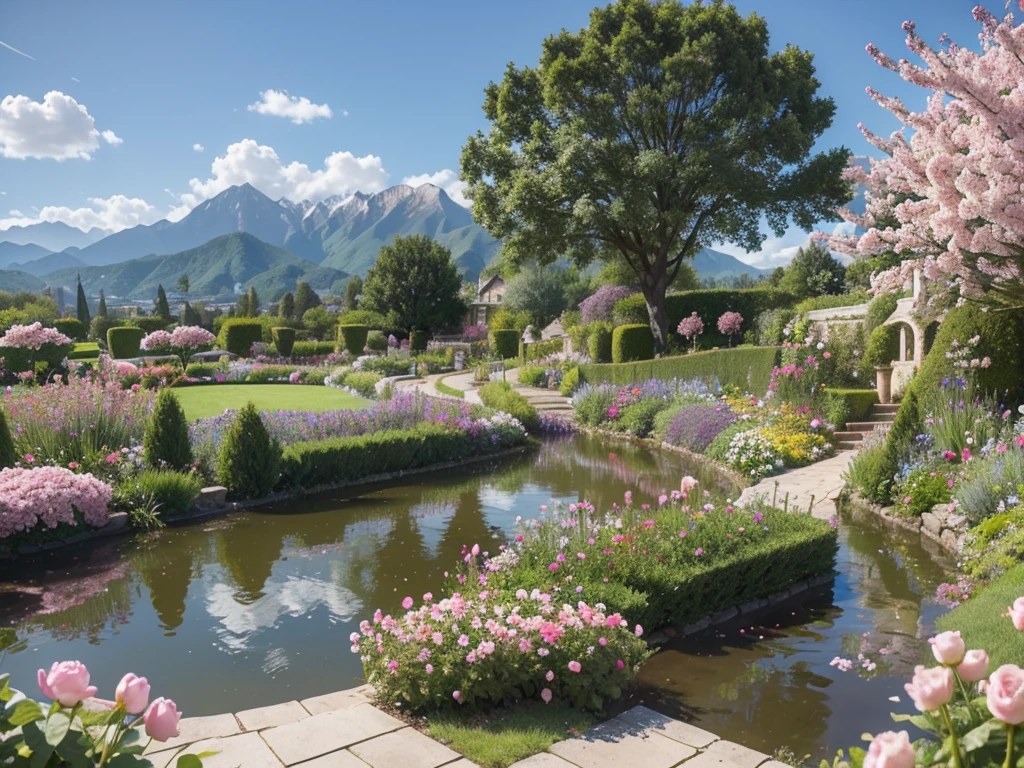 8K picture quality,Best quality,masterpiece,HD,Super rich detail,detailed,Many fairy-tale castles,The yard is huge,The yard is full of flowers,It is a rich garden,There are roses in the garden,Moonflower,Jasmine,Peach Blossom,club,apricot,chrysanthemum,Peony,Lavender,Cherry blossoms,Pomegranate flowers, ETC,A wide variety of flowers,All flowers are planted in one garden,There is also river water in the garden,Creek,pond,lake,Lake,Rios,J,Everything in the same picture,Lifelike,The picture is very realistic,Very real,The vegetable garden was neat inside,There are mountains and water in the distance,sky sky,cloud,Tree。Country Road。Industrious people grow flowers,The picture is very warm,HD,The picture is realistic,Strong realism,The focus is on the garden castle as well as the river,Images are colorful,High contrast,There is only one scene,No split screen,Do not crop the image,Keep the picture rich and complete