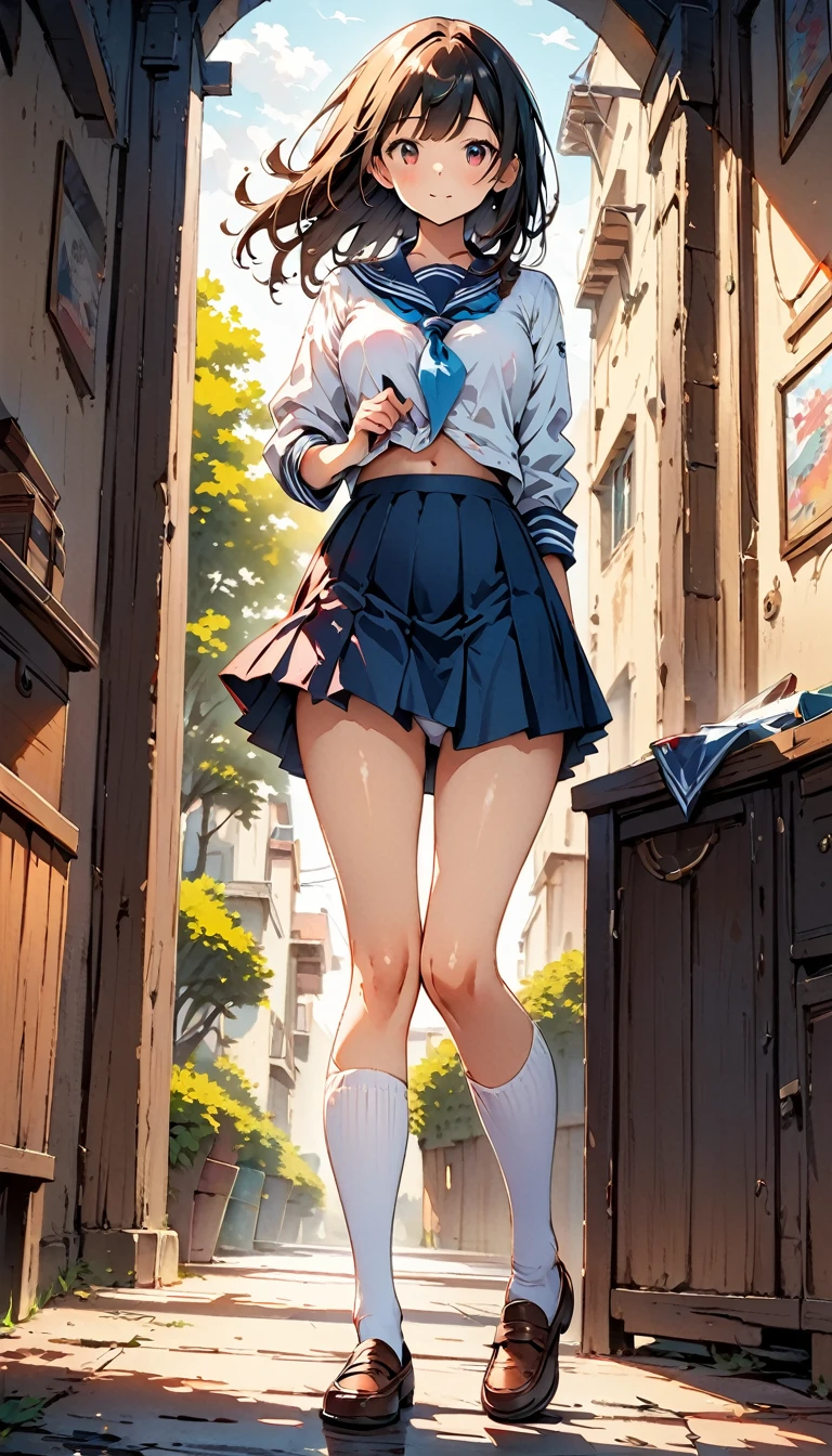 (Highest quality:1.2, Manga works, Manga style, Very detailed, Latest, Vibrant, digital coloring, High Contrast, masterpiece:1.2, Highest quality, Best aesthetics, There is), ((( 1 female:1.2))), Random hairstyle、Sailor suit、loafers、(White shirt、Pleated skirt、Knee-high socks、White simple panties:1.2)、Unbutton、(On all fours:1.5)