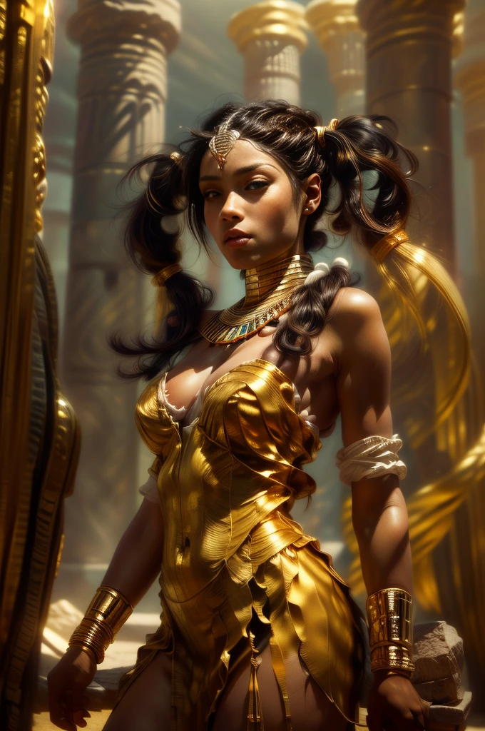 Female mummy, detailed eyes, (long long golden straight hair in twin tails: 1.7), intricate Egyptian-style bandages wrapped all over the body, golden jewels and ornaments, mysteriously glowing blue aura, ancient Egyptian temple background, dramatic lighting, cinematic composition, muted colors, masterpiece, 8k, photorealistic, ultra-detailed
