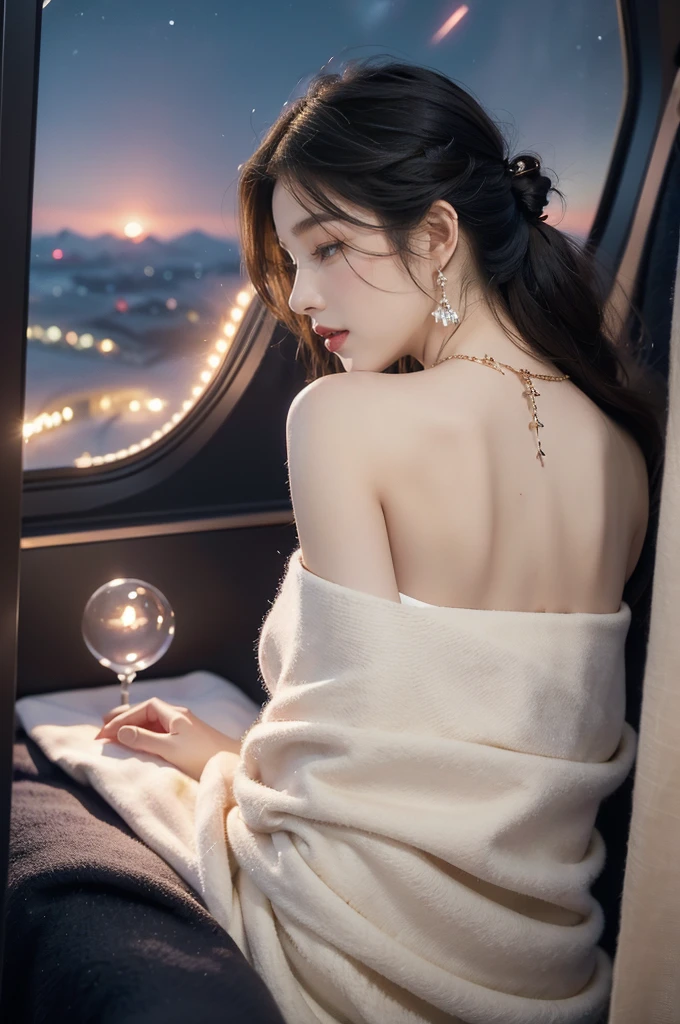 (((best quality))),(((ultra detailed))),(((masterpiece))),illustration,(a beautiful girl,female passenger,solo),(parted red lips),((slim,thin)),((bare back,towering hips,butt crack)),((earrings,crystal necklace)),(slender legs:1.2),summer night,((in airplane,economy class,indoor)),(blanket over shoulders:1.3),((dress)),(shoulder length straight bob hair:1.2),stars,moonlight,smooth flight,engine sound,lullaby,relaxed,excited,laughing,visiting family,comfortable seats,soft fabric,headrests,adjustable,beauty of night sky,dimmed lights,sleeping passengers,movies,personal screens,staying awake,magic of sky,joy of being with family,memorable journey,adventures,(surrounded by crowded crowds:1.3),(Outside the window is high-altitude night view:1.2),((from back,upper body))