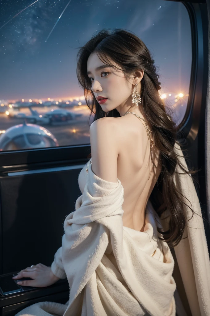(((best quality))),(((ultra detailed))),(((masterpiece))),illustration,(a beautiful girl,female passenger,solo),(parted red lips),((slim,thin)),((bare back,towering hips,butt crack)),((earrings,crystal necklace)),(slender legs:1.2),summer night,((in airplane,economy class,indoor)),(blanket over shoulders:1.3),((dress)),(shoulder length straight bob hair:1.2),stars,moonlight,smooth flight,engine sound,lullaby,relaxed,excited,laughing,visiting family,comfortable seats,soft fabric,headrests,adjustable,beauty of night sky,dimmed lights,sleeping passengers,movies,personal screens,staying awake,magic of sky,joy of being with family,memorable journey,adventures,(surrounded by crowded crowds:1.3),(Outside the window is high-altitude night view:1.2),((from back,upper body))
