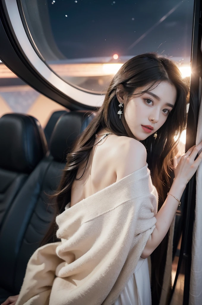 (((best quality))),(((ultra detailed))),(((masterpiece))),illustration,(a beautiful girl,female passenger,solo),(parted red lips),((slim,thin)),((bare back,towering hips,butt crack)),((earrings,crystal necklace)),(slender legs:1.2),summer night,((in airplane,economy class,indoor)),(blanket over shoulders:1.3),((dress)),(shoulder length straight bob hair:1.2),stars,moonlight,smooth flight,engine sound,lullaby,relaxed,excited,laughing,visiting family,comfortable seats,soft fabric,headrests,adjustable,beauty of night sky,dimmed lights,sleeping passengers,movies,personal screens,staying awake,magic of sky,joy of being with family,memorable journey,adventures,(surrounded by crowded crowds:1.3),(Outside the window is high-altitude night view:1.2),((from back,upper body))