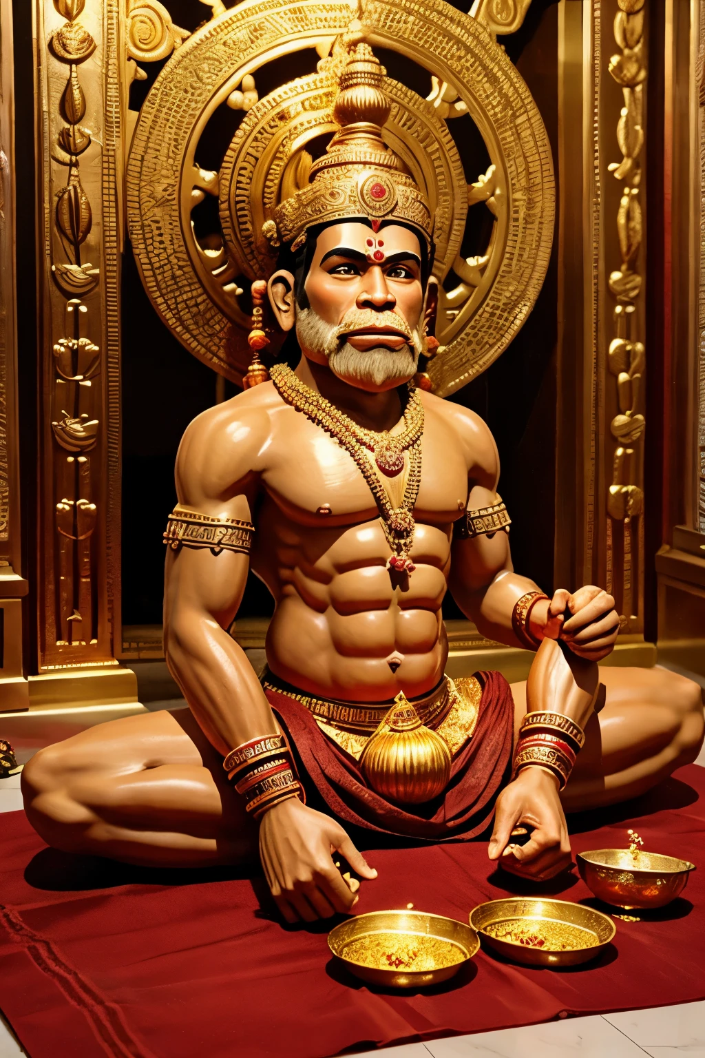 Make a photo of Hanuman ji with laddus. A praying.