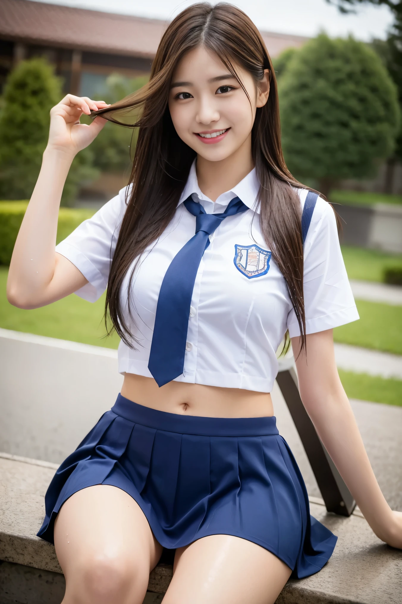 (8k), (highest quality: 1.2), (realistic), (realistic: 1.37), ultra high resolution, 1 girl, cute, smile, closed mouth, beautiful details, beautiful nose, whole body, wet hair, giant dulcefo, pork, school uniform, thighs,Navel exposed,