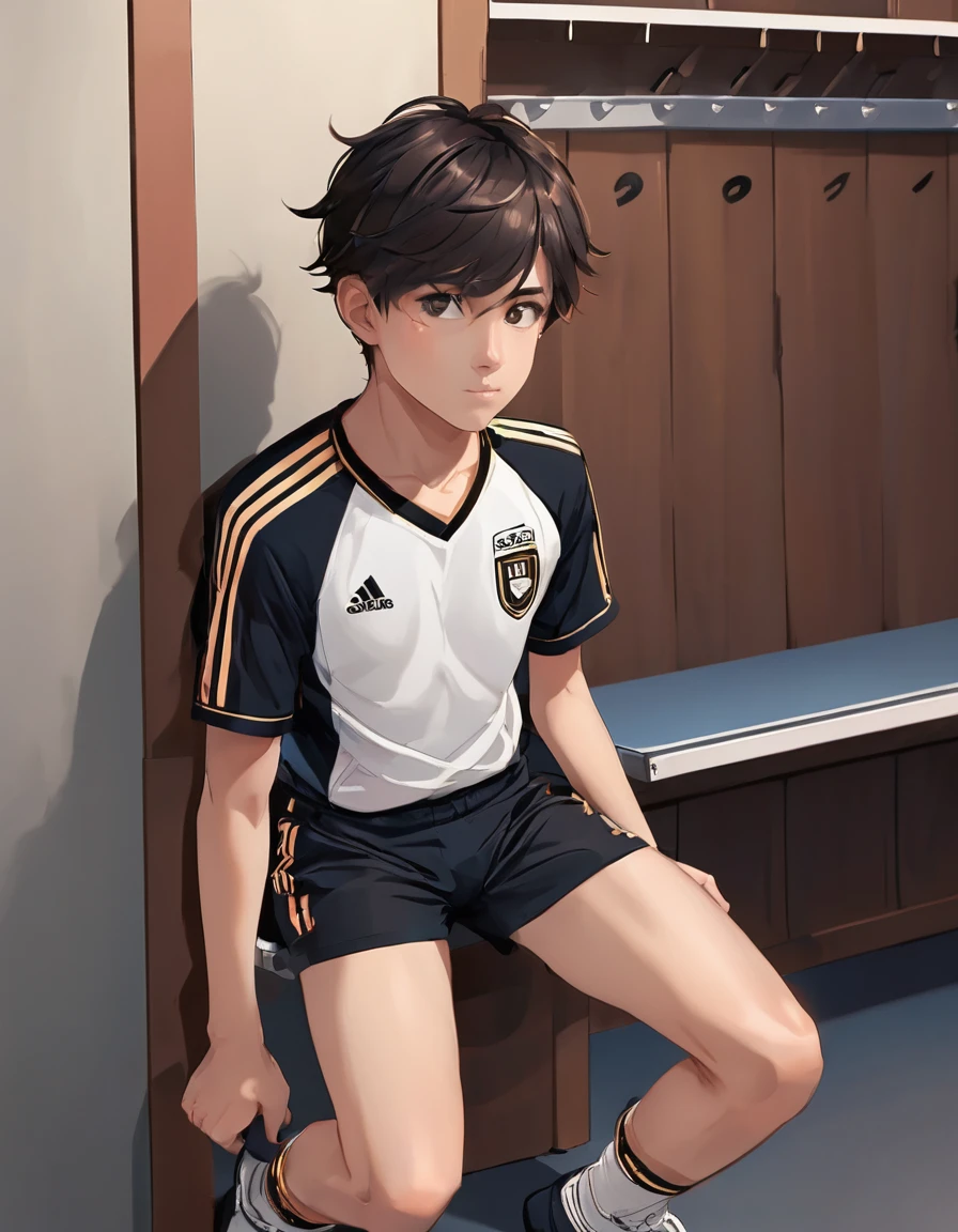 Photorealistic image of a young and cute boy, Body hair, soccer, Detailed skin, Huge bulge, (Dynamic posture:1.3), (Action Shots), (Scattered clothing),(locker room), (Wearing tight fitting white underwear),(Side view),(whole body:1.2),(sports boots:1.2), (Take off),(Leaning on the bench),  Natural Face, (A tense look:1.5), Soft and warm lighting, Vibrant, masterpiece, Highest quality, Perfect Anatomy, Calm colors, dramatic, Cinematic, Soft Light, (Calm colors, Dim color, Calm tone), Soft Light, sharp, Realistic skin detail, High Contrast, (Freckles on the face), (Close-up shot of face, Fine grain)