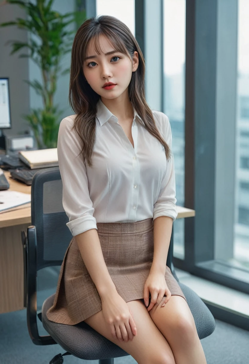 a beautiful girl with a mixed face of western and eastern features, sitting in an office, wearing a short skirt showing off her sexy legs, detailed facial features, detailed eyes and lips, 1girl, office interior, photorealistic, 8k, highres, best quality, ultra-detailed, realistic, vivid colors, studio lighting, physically-based rendering, professional