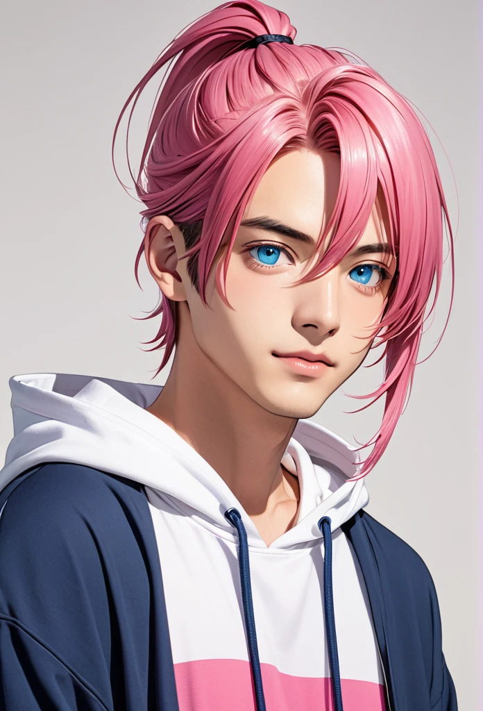 man, pink hair, medium length hair, ponytail, blue eyes, hoodie