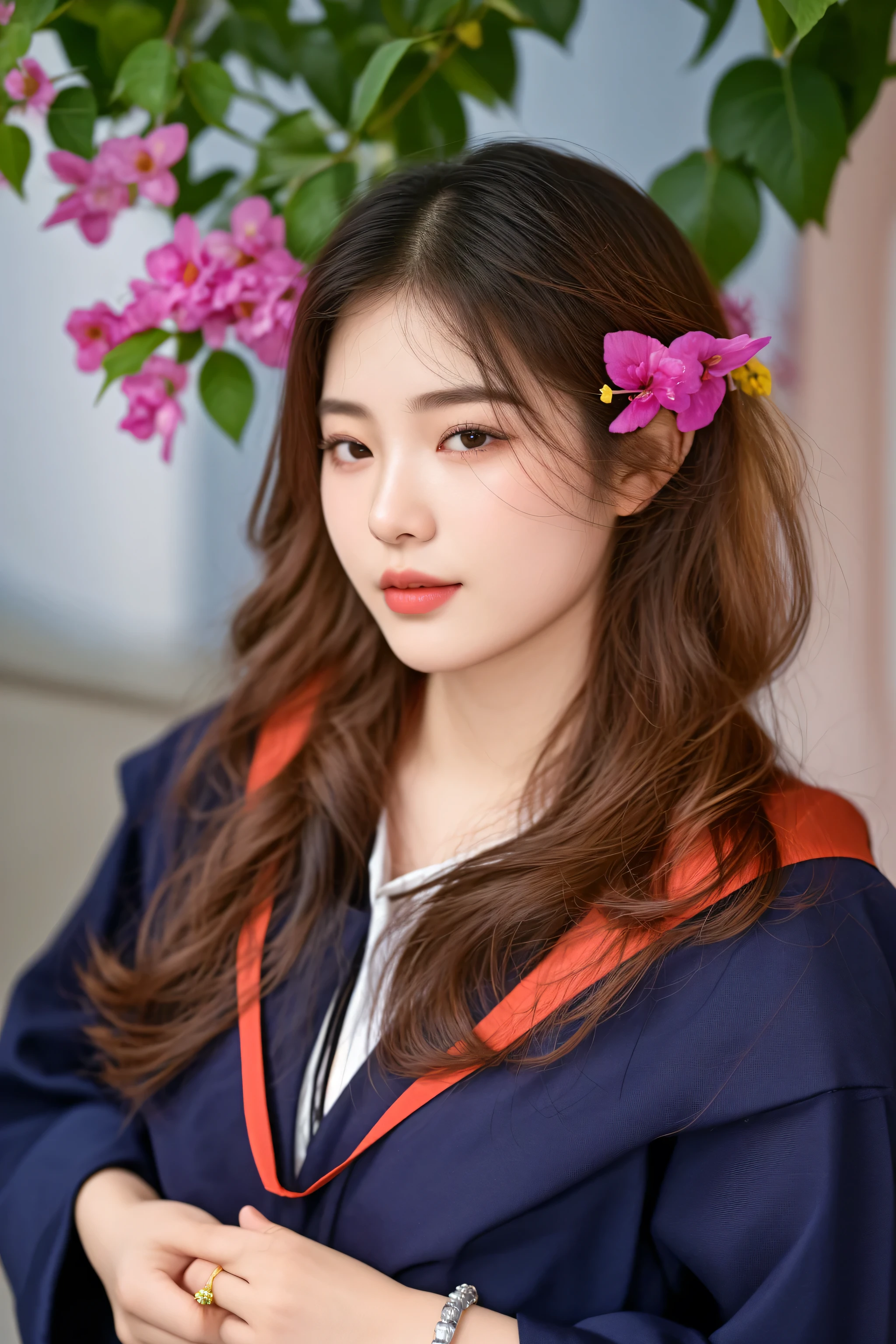 arafed woman in a graduation gown with a flower in her hair, taken with canon eos 5 d mark iv, a young asian woman, beautiful young korean woman, young asian woman, young asian girl, beautiful south korean woman, young cute wan asian face, taken with canon 8 0 d, taken with canon eos 5 d, dslr 5 0 mm portrait photo