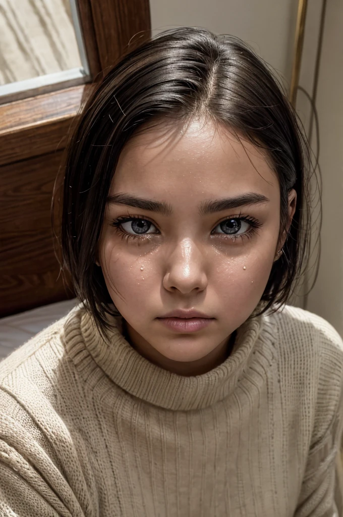 (Highest quality,masterpiece:1.3,Ultra-high resolution),(Very detailed,Caustics,8K),(Realistic:1.4,RAW shooting),(A girl with a displeased expression puffing out her cheeks),Bedroom,Sit on the bed,Look forward,18-year-old,Japanese,cute,Black Short Hair,Watery eyes,Shining Tears,Upward glance,Looking into the camera,sweater,big ,Face Focus,Face close-up,Bust up shot,(High position),(High Angle),Natural light