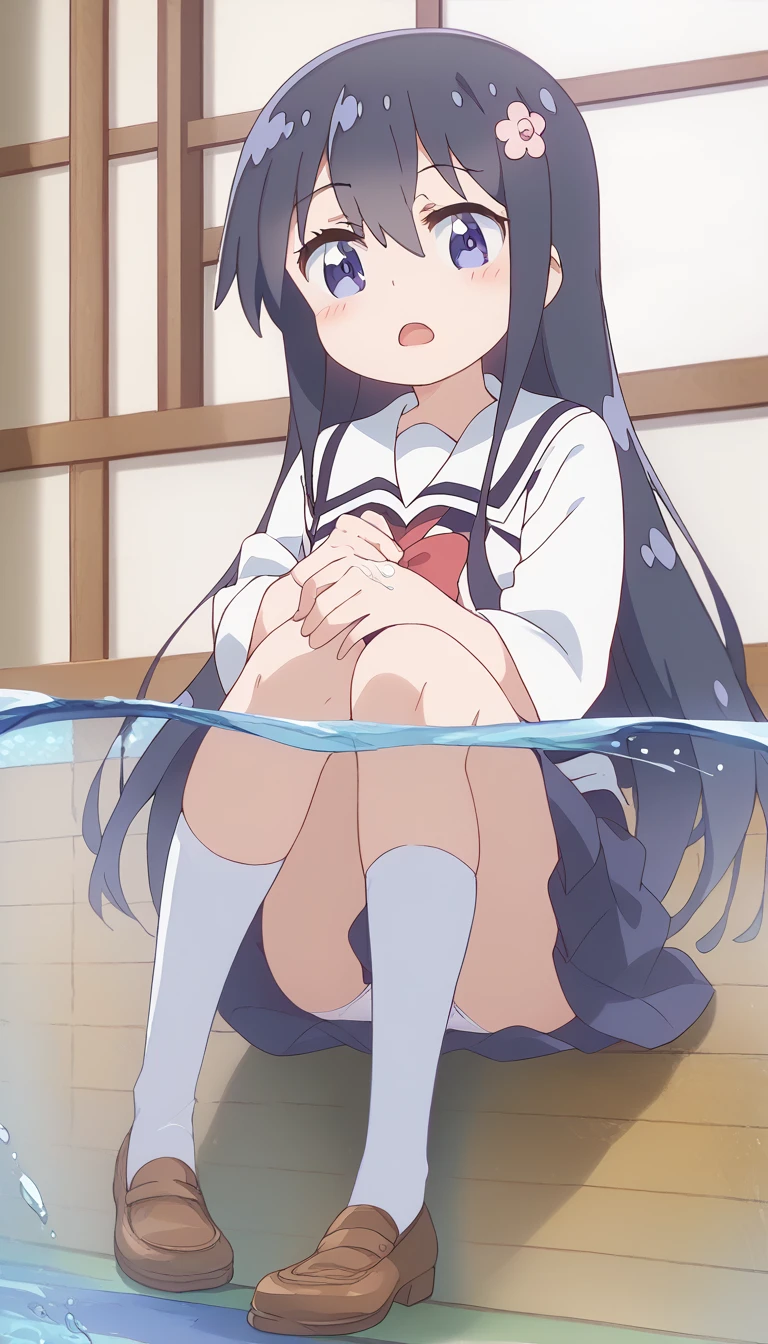 score_9, score_8_up, score_7_up, source_アニメ, masterpiece, 1girl, watahana, blue eyes, black hair, long hair, bangs, hair ornament, hair flower, pink flower, full body, looking at viewer, indoors, open mouth, White knee-highs、Water Play, 、Skirt fully open、Long wide skirt、cute、(White underwear)、blush、Watery eye、Lots of water、Wet、((The skirt spreads over the water surface.))、(Drowning)、Underwater Shot Of The Swimming pool