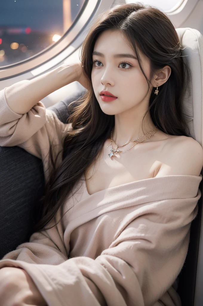 (((best quality))),(((ultra detailed))),(((masterpiece))),illustration,(a beautiful girl,female passenger,solo),(parted red lips),((slim,thin,small breasts,flat chest)),((earrings,crystal necklace)),(slender legs:1.2),summer night,((in airplane,economy class,indoor)),(blanket over shoulders:1.3),((dress)),(shoulder length straight bob hair:1.2),stars,moonlight,smooth flight,engine sound,lullaby,relaxed,excited,laughing,visiting family,comfortable seats,soft fabric,headrests,adjustable,beauty of night sky,dimmed lights,sleeping passengers,movies,personal screens,staying awake,magic of sky,joy of being with family,memorable journey,adventures,(surrounded by crowded crowds:1.3),(Outside the window is high-altitude night view:1.2),((from front,upper body))