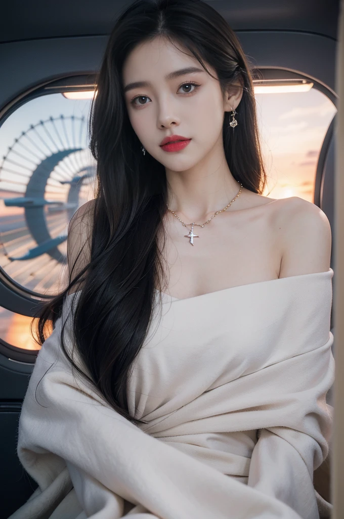 (((best quality))),(((ultra detailed))),(((masterpiece))),illustration,(a beautiful girl,female passenger,solo),(parted red lips),((slim,thin,small breasts,flat chest)),((earrings,crystal necklace)),(slender legs:1.2),summer night,((in airplane,economy class,indoor)),(blanket over shoulders:1.3),((dress)),(shoulder length straight bob hair:1.2),stars,moonlight,smooth flight,engine sound,lullaby,relaxed,excited,laughing,visiting family,comfortable seats,soft fabric,headrests,adjustable,beauty of night sky,dimmed lights,sleeping passengers,movies,personal screens,staying awake,magic of sky,joy of being with family,memorable journey,adventures,(surrounded by crowded crowds:1.3),(Outside the window is high-altitude night view:1.2),((from front,upper body))