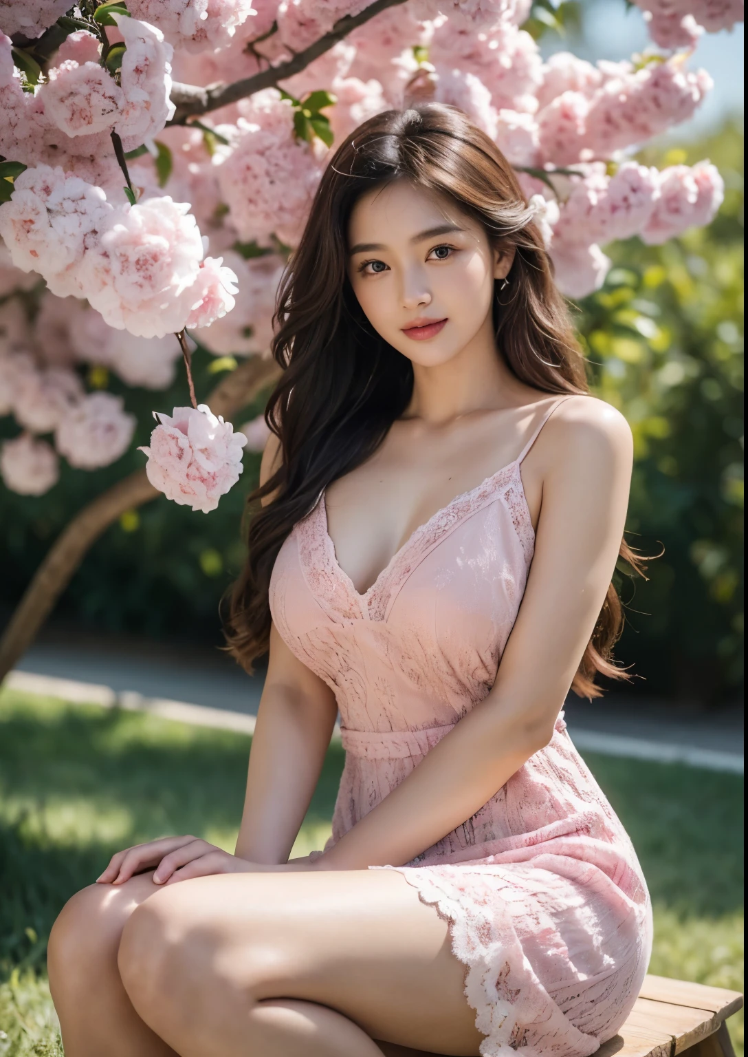 a beautiful Korean young girl, (((18 years young girl))), detailed face with beautiful eyes and lips, long black silky hair, stylish hair, hair pin, romantic Eyes, beautiful eyes, smiley face, very precious smile, happy face, glow face, perfect young round breasts, Bright and soft thighs, beautiful realistic knees, glow skin, bright skin, realistic skin, realistic smile, cutest smile, realistic body, Perfect Figure, realistic legs, realistic leg fingers, realistic arms, realistic hands, realistic hand fingers, sitting beside banana fruit orchards, ((Pink colour Spaghetti Strap Scoop-Neck Lace Trim Bow Detail Mini A-Line Dress)), ((above knee length dress)), ((detailed Scoop-Neck Lace Trim Bow Detail Mini A-Line Dress)), standing, High resolution dress quality, stylish dress, detailed dress, ultra detailed dress, luxury dress, , stylish look, stylish angle, dynamic angle, dynamic pose, day light, photorealistic, realistic, masterpiece, ultra-detailed,8k, (best quality,8k,highres,masterpiece:1.2),ultra-detailed,(realistic,photorealistic,photo-realistic:1.37), highly detailed, cinematic lighting, vibrant colors, warm tones, masterpiece, highres, warm lighting, vibrant colors, soft focus, elegant, cinematic, highly detailed, professional digital art, UHD, Ultra HD, ultra realistic, hyper realistic, ultra sharp, vivid, realistic atmosphere, Beautiful rally atmosphere in background, beautiful background, detailed orchards background, hyper-detailed background, orchards, cinematic photography, award winning Photography, Very High Resolution picture quality, full-body shot,