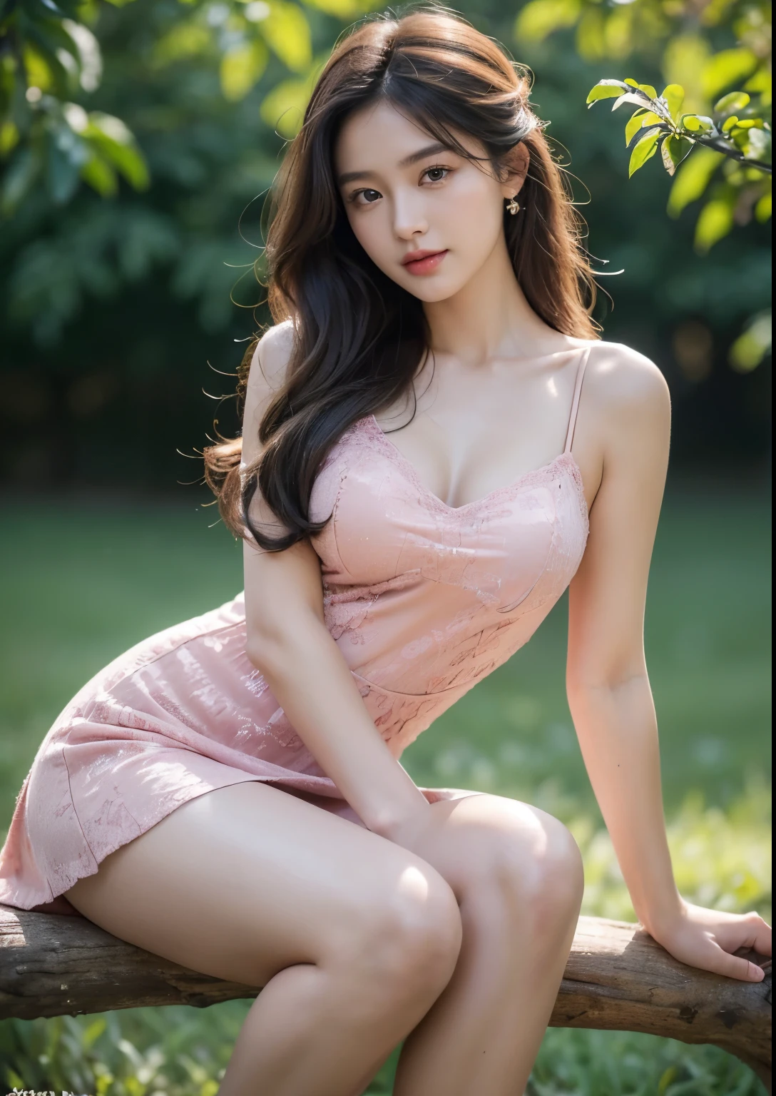 a beautiful Korean young girl, (((18 years young girl))), detailed face with beautiful eyes and lips, long black silky hair, stylish hair, hair pin, romantic Eyes, beautiful eyes, smiley face, very precious smile, happy face, glow face, perfect young round , Bright and soft thighs, beautiful realistic knees, glow skin, bright skin, realistic skin, realistic smile, cutest smile, realistic body, Perfect Figure, realistic legs, realistic leg fingers, realistic arms, realistic hands, realistic hand fingers, sitting beside banana fruit orchards, ((Pink colour Spaghetti Strap Scoop-Neck Lace Trim Bow Detail Mini A-Line Dress)), ((above knee length dress)), ((detailed Scoop-Neck Lace Trim Bow Detail Mini A-Line Dress)), standing, High resolution dress quality, stylish dress, detailed dress, ultra detailed dress, luxury dress, , stylish look, stylish angle, dynamic angle, dynamic pose, day light, photorealistic, realistic, masterpiece, ultra-detailed,8k, (best quality,8k,highres,masterpiece:1.2),ultra-detailed,(realistic,photorealistic,photo-realistic:1.37), highly detailed, cinematic lighting, vibrant colors, warm tones, masterpiece, highres, warm lighting, vibrant colors, soft focus, elegant, cinematic, highly detailed, professional digital art, UHD, Ultra HD, ultra realistic, hyper realistic, ultra sharp, vivid, realistic atmosphere, Beautiful rally atmosphere in background, beautiful background, detailed orchards background, hyper-detailed background, orchards, cinematic photography, award winning Photography, Very High Resolution picture quality, full-body shot,