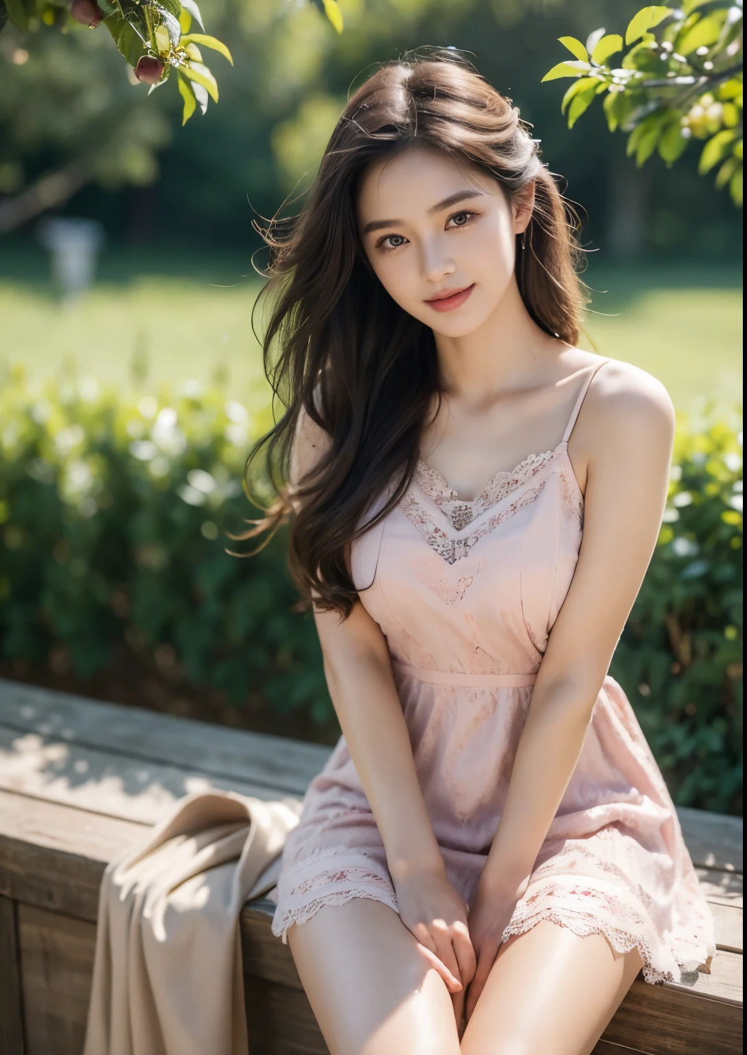 a beautiful Korean young girl, (((18 years young girl))), detailed face with beautiful eyes and lips, long black silky hair, stylish hair, hair pin, romantic Eyes, beautiful eyes, smiley face, very precious smile, happy face, glow face, perfect young round breasts, Bright and soft thighs, beautiful realistic knees, glow skin, bright skin, realistic skin, realistic smile, cutest smile, realistic body, Perfect Figure, realistic legs, realistic leg fingers, realistic arms, realistic hands, realistic hand fingers, sitting beside banana fruit orchards, ((Pink colour Spaghetti Strap Scoop-Neck Lace Trim Bow Detail Mini A-Line Dress)), ((above knee length dress)), ((detailed Scoop-Neck Lace Trim Bow Detail Mini A-Line Dress)), standing, High resolution dress quality, stylish dress, detailed dress, ultra detailed dress, luxury dress, , stylish look, stylish angle, dynamic angle, dynamic pose, day light, photorealistic, realistic, masterpiece, ultra-detailed,8k, (best quality,8k,highres,masterpiece:1.2),ultra-detailed,(realistic,photorealistic,photo-realistic:1.37), highly detailed, cinematic lighting, vibrant colors, warm tones, masterpiece, highres, warm lighting, vibrant colors, soft focus, elegant, cinematic, highly detailed, professional digital art, UHD, Ultra HD, ultra realistic, hyper realistic, ultra sharp, vivid, realistic atmosphere, Beautiful rally atmosphere in background, beautiful background, detailed orchards background, hyper-detailed background, orchards, cinematic photography, award winning Photography, Very High Resolution picture quality, full-body shot,
