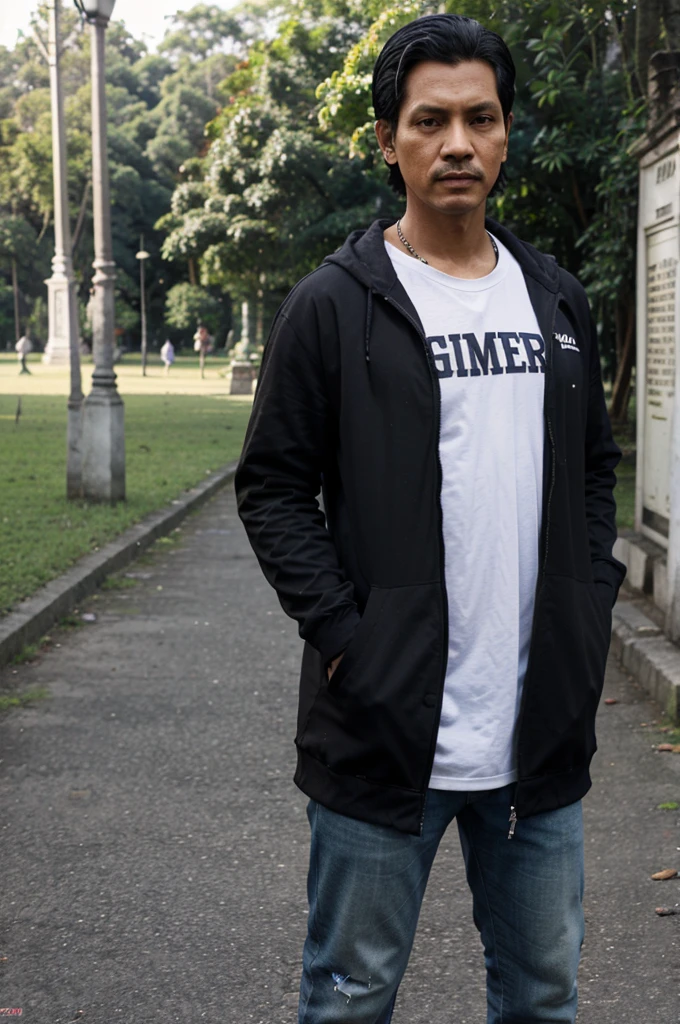 Gambar 3D cowok di taman pakai hodie hitam nama "rizal"