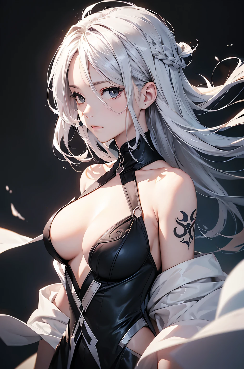 (Image from chest up:1.4)((masterpiece:1.5,Highest quality,Beautiful images、Realistic、2.5D、Artistic))(1girl, solo)(medium breasts, Silver Hair、long hair、Beautiful cleavage、sideboob、Exposing shoulders、Tattoo on shoulder)(Profile portrait,Gaze sideways、Gaze diagonally、Shake your head、A sad expression, floating hair)(Monotone Abstract Background)((from diagonally forward:1.3)),Landscape,((outfit-inori,Monotone costumes))