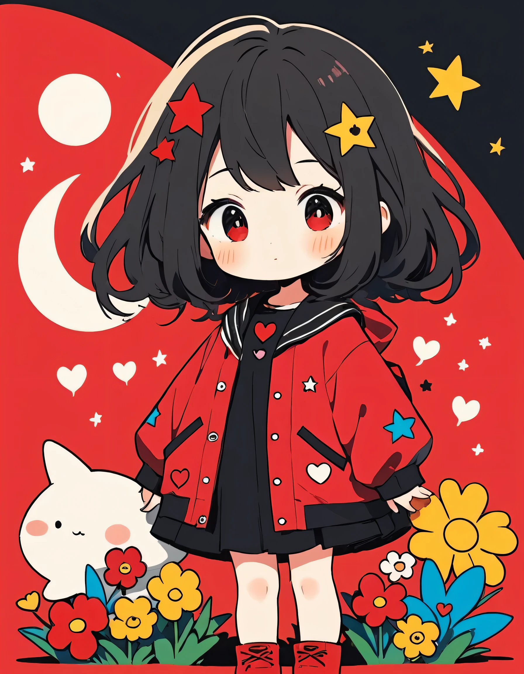 Black Star Red and White style, Simple Line Initialism,Abstract art,Kawaii Design, The most beautiful girl of all time、chibi, The background is moon, colorful hearts, colorful flowers
