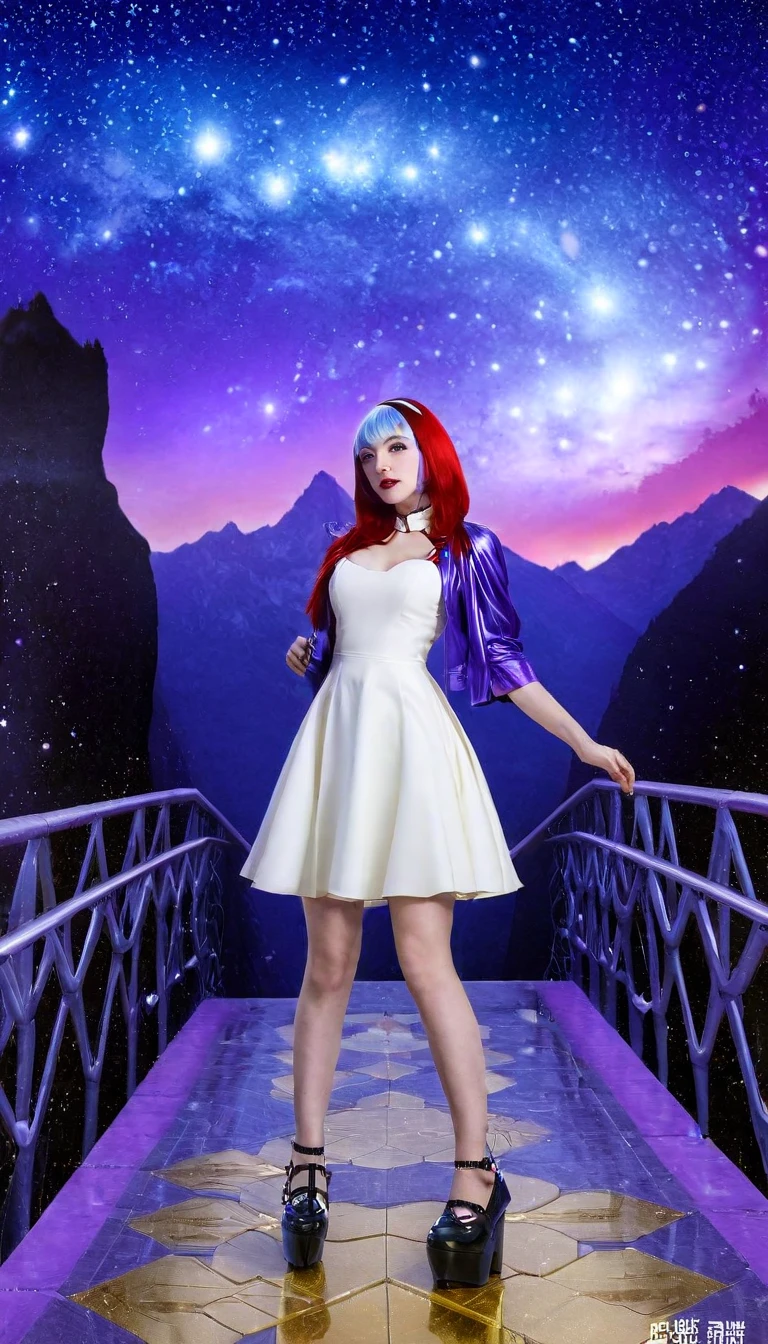 hdr, best image, 8k, photo 3;1, of A beautiful woman, blue latex dress, below the knee, long purple hair, 'black shoes', standing in 1; narrow bridge, white ivory with GOLD, red tile floor, high, over the mountains, descending to the infinity of the universe, stars of the cosmos, universe, giant mountain