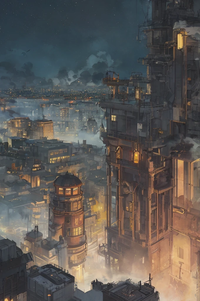industrial city, surround by wall, steampunk. there is inn, residental area, ((airships)) in the sky, city gate, rusty and heavy, smoke, chimney, factories, gears, machinery, tall buildings, towers, steam power, steam pipes, streetlights, (bird-eye view), (night time, starry sky), (hard rain), (crossroad), (cinematic lighting:0.8, super detail, bloom)