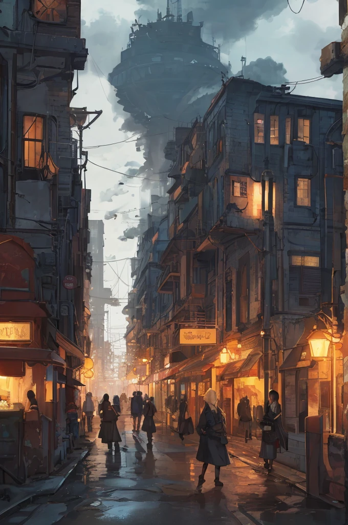 industrial city, surround by wall, steampunk. there is inn, residental area, ((airships)) in the sky, city gate, rusty and heavy, smoke, chimney, factories, gears, machinery, tall buildings, towers, steam power, steam pipes, streetlights, (bird-eye view), (night time, starry sky), (hard rain), (crossroad), (cinematic lighting:0.8, super detail, bloom)