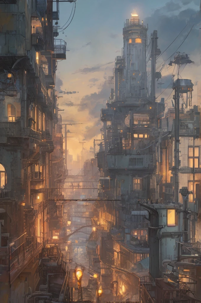 industrial city, surround by wall, steampunk. there is inn, residental area, ((airships)) in the sky, city gate, rusty and heavy, smoke, chimney, factories, gears, machinery, tall buildings, towers, steam power, steam pipes, streetlights, (bird-eye view), (night time, starry sky), (hard rain), (crossroad), (cinematic lighting:0.8, super detail, bloom)