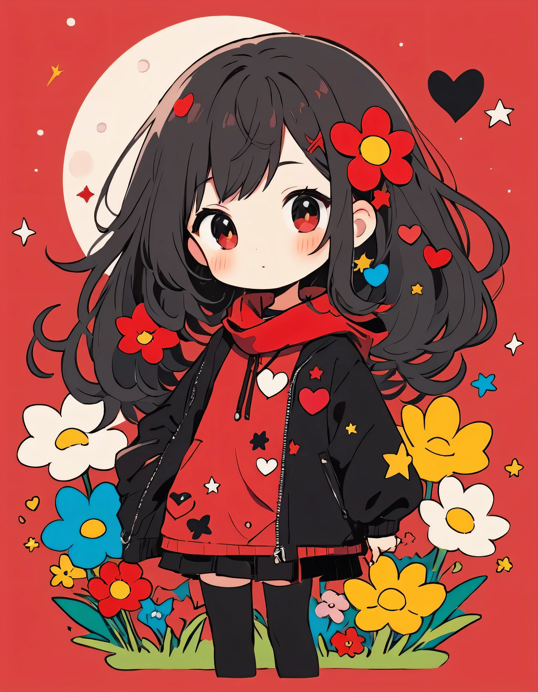 Black Star Red and White style, Simple Line Initialism，Abstract art，Kawaii Design, The most beautiful girl of all time、chibi, The background is moon, colorful hearts, colorful flowers