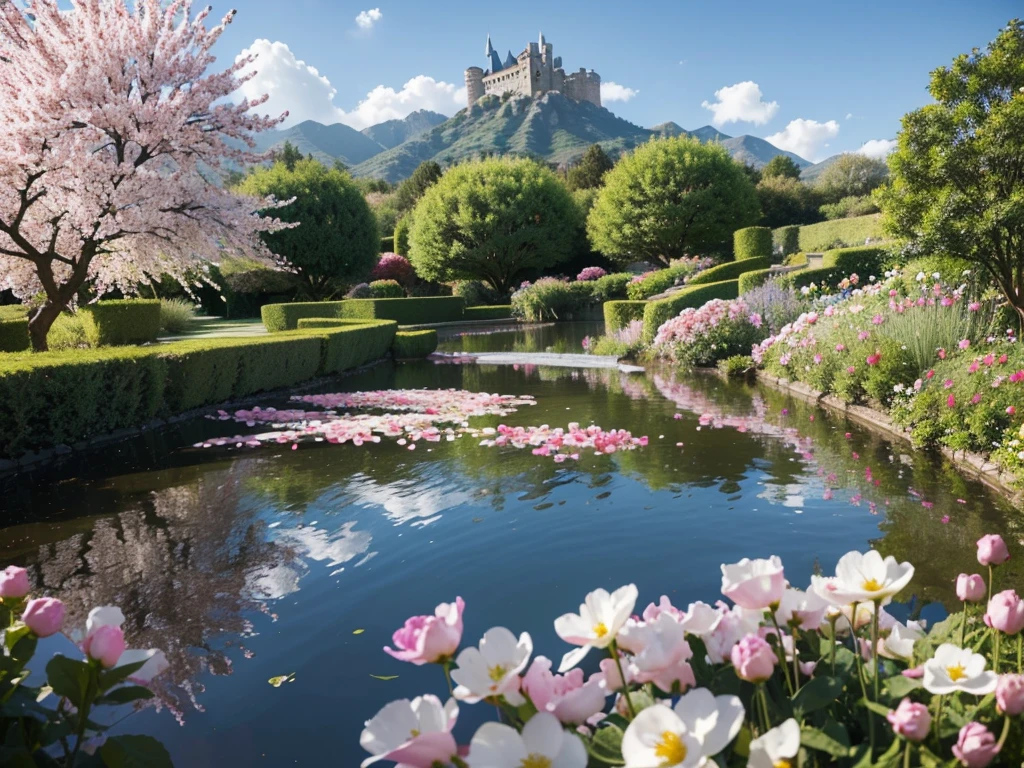 8K picture quality,Best quality,masterpiece,HD,Super rich detail,detailed,Many fairy-tale castles,The yard is huge,The yard is full of flowers,It is a rich garden,There are roses in the garden,Moonflower,Jasmine,Peach Blossom,club,apricot,chrysanthemum,Peony,Lavender,Cherry blossoms,Pomegranate flowers, ETC,A wide variety of flowers,All flowers are planted in one garden,There is also river water in the garden,Creek,pond,lake,Lake,Rios,J,Everything in the same picture,Lifelike,The picture is very realistic,Very real,The vegetable garden was neat inside,There are mountains and water in the distance,sky sky,cloud,Tree。Country Road。Industrious people grow flowers,The picture is very warm,HD,The picture is realistic,Strong realism,The focus is on the garden castle as well as the river,Images are colorful,High contrast,There is only one scene,No split screen,Do not crop the image,Keep the picture rich and complete