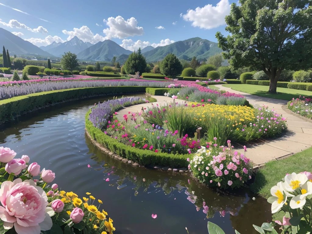 8K picture quality,Best quality,masterpiece,HD,Super rich detail,detailed,Many fairy-tale castles,The yard is huge,The yard is full of flowers,It is a rich garden,There are roses in the garden,Moonflower,Jasmine,Peach Blossom,club,apricot,chrysanthemum,Peony,Lavender,Cherry blossoms,Pomegranate flowers, ETC,A wide variety of flowers,All flowers are planted in one garden,There is also river water in the garden,Creek,pond,lake,Lake,Rios,J,Everything in the same picture,Lifelike,The picture is very realistic,Very real,The vegetable garden was neat inside,There are mountains and water in the distance,sky sky,cloud,Tree。Country Road。Industrious people grow flowers,The picture is very warm,HD,The picture is realistic,Strong realism,The focus is on the garden castle as well as the river,Images are colorful,High contrast,There is only one scene,No split screen,Do not crop the image,Keep the picture rich and complete