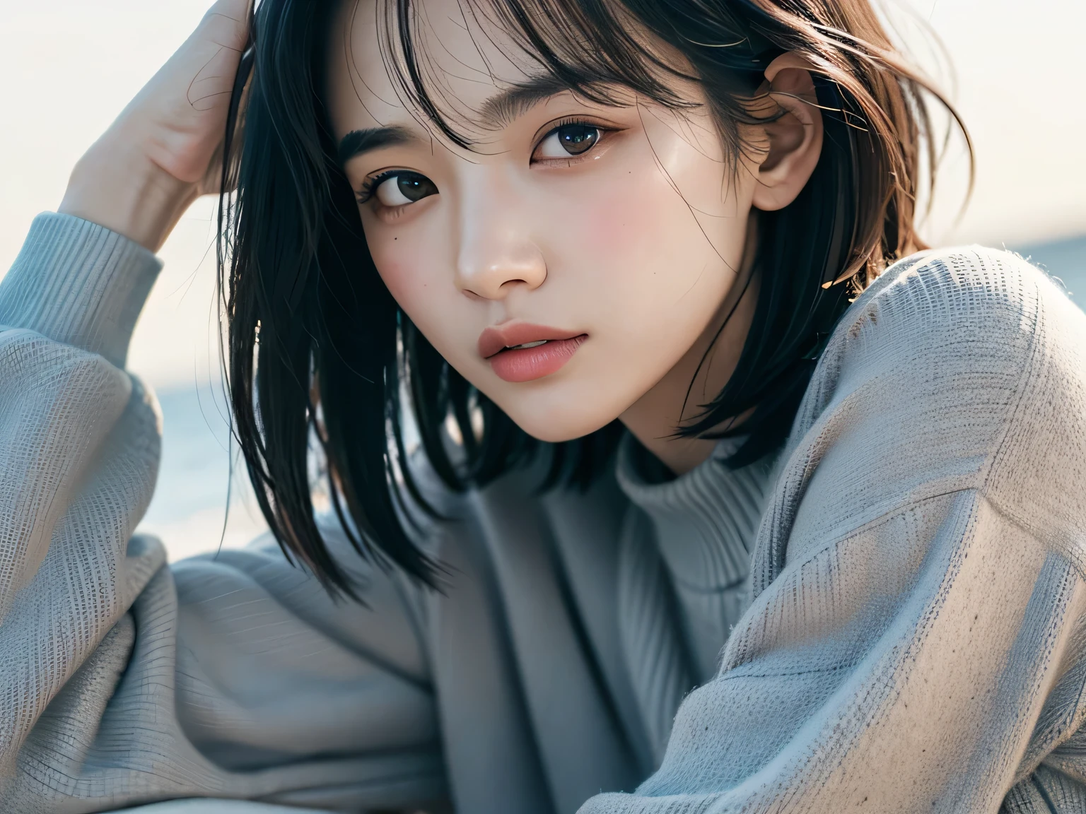 Night Background、30 years old、Beauty、3 people、Light eye makeup、Black hair color、flat 、Hair blowing in the wind、short hair、Long sleeve、 Ultra-Realistic Capture、Very detailed、High resolution 16k human skin closeup。Skin texture must be natural、The details must be clear enough to identify pores..、skin is healthy、There must be a unified tone、Use natural light and color、High quality photos taken by modeling agencies&#39;Exclusive photographer、smile