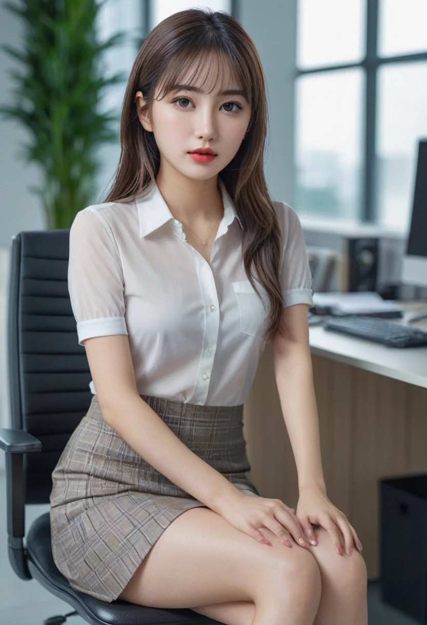 a beautiful girl with a mixed face of western and eastern features, sitting in an office, wearing a short skirt showing off her sexy legs, detailed facial features, detailed eyes and lips, 1girl, office interior, photorealistic, 8k, highres, best quality, ultra-detailed, realistic, vivid colors, studio lighting, physically-based rendering, professional
