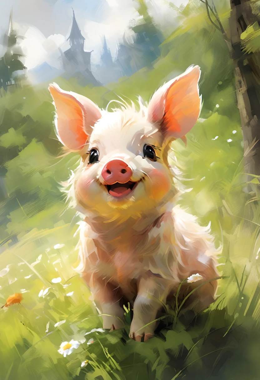 ⭐Masterpiece Illustration, high quality, high resolution 16k, a painting of a baby pig with a smile on it's face and big ears sitting on a Sunny meadow, , (fisheye camera), funny cartoon trend in Art Station, playful smile, surprised, very cute facial features, small size, big pointed ears, art style, oil and watercolor painting