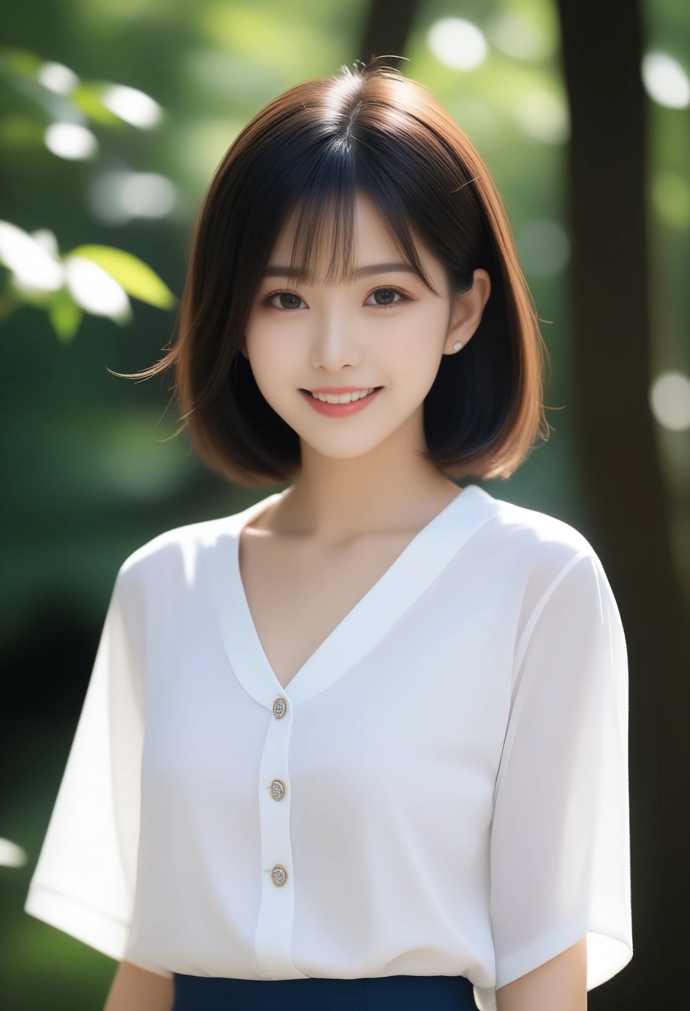 8K, Ultra-high resolution, Highest quality, masterpiece, 三分割法によるphotograph,Surreal, photograph, 1 Girl, (16 years old:1.3), pretty girl, Cute face, Beautiful eyes in every detail, 細かくdetailedに,masterpiece,, One Girl:1.2, Japan Female Announcer,upper body,Outdoor,street tree,White blouse,The chest buttons are open,Refreshing sweat,Full of sex appeal,Sensual,A carefree smile,Heal the heart,Black Hair,Short Bob,Looking at the audience、beauty,Long neck、Laugh a little、Please close your mouth and laugh、(((Ideal body type))),A cup small breasts :2,、Portraiture:2、Perfect Anatomy、鮮明なdetailed、detailed、Surreal、Light and shadow,Strong light