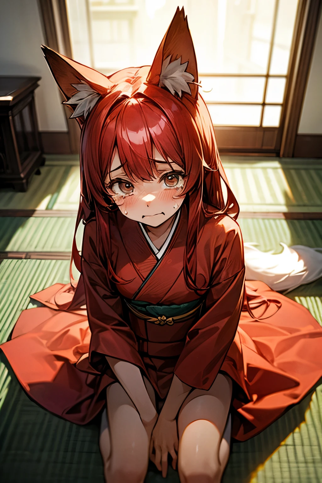 A young girl with long red hair.fox ears. Red kimono. On knees. Indoors. Living room. POV, sitting on knees on floor. Upper view. Tears. Sad face