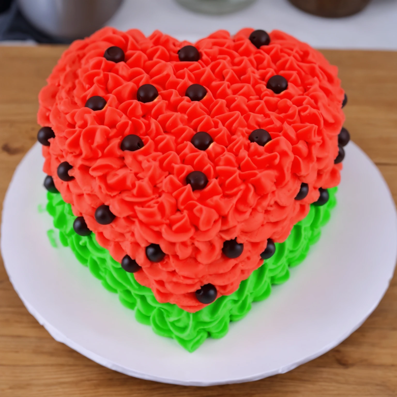 on a wooden table, red and green cream heart cake, star shaped cream, with black plastic beads, Multiple light sources, bright lighting, Realistic style , realistic texture, detailed texture, A high resolution, high quality,