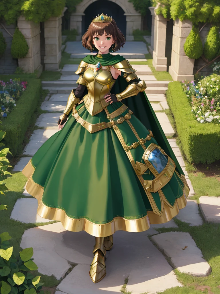 masterpiece, best quality:1.2), 1girl, smile, looking at viewer, green eyes, short brown hair, princess, armor, , pauldrons, armored dress, green cloak cape, wearing puffy blue ballgown skirt, golden tiara with green gem, armored boots, fingerless gloves, standing in medieval garden