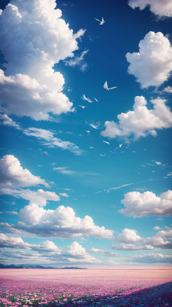 On the open field,Blue sky hanging high,White clouds float in it like cotton candy,A flock of wild birds flying in the sky。