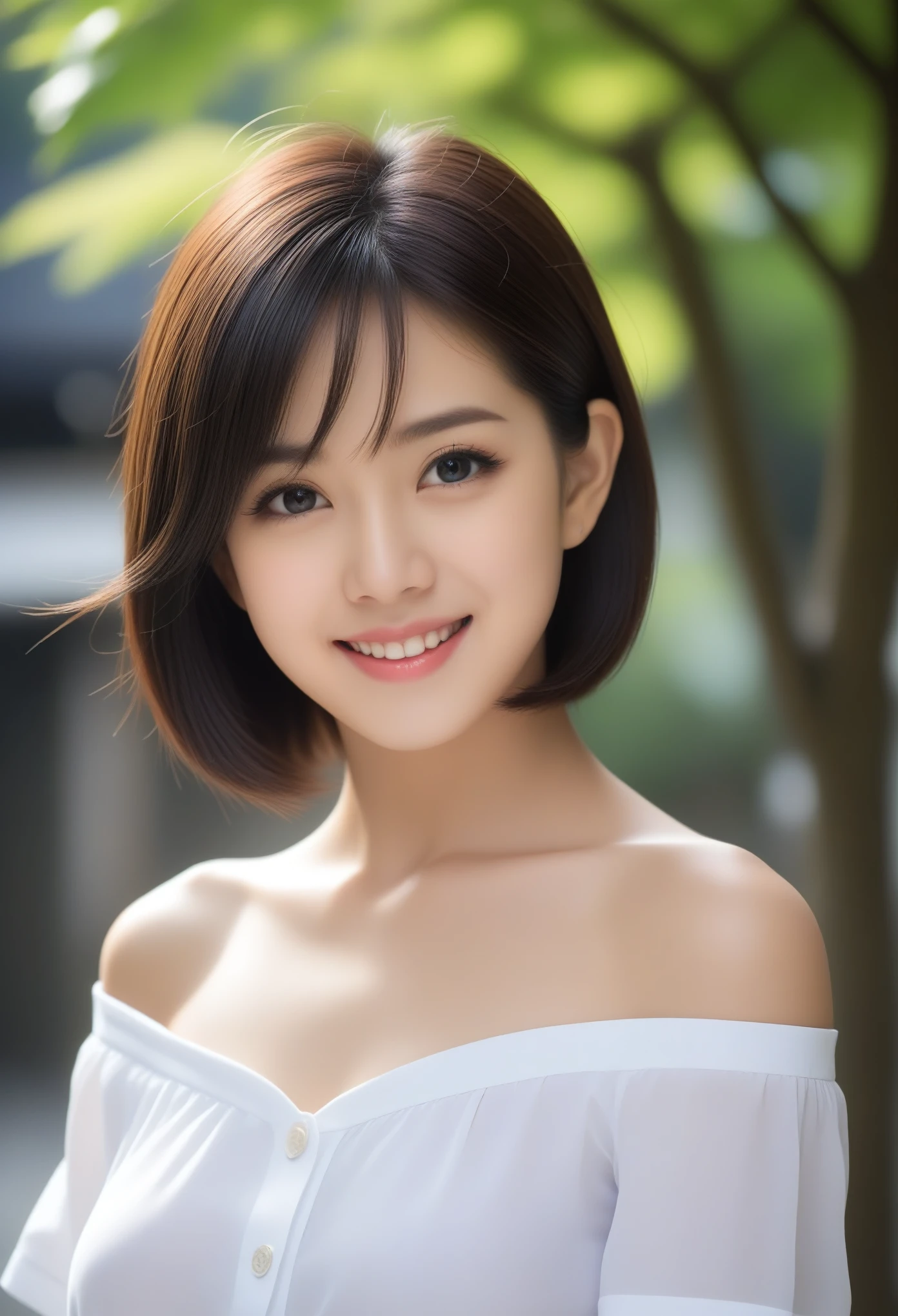 8K, Ultra-high resolution, Highest quality, masterpiece, 三分割法によるphotograph,Surreal, photograph, 1 Girl, (16 years old:1.3), pretty girl, Cute face, Beautiful eyes in every detail, 細かくdetailedに,masterpiece,, One Girl:1.2, Japan Female Announcer,upper body,Outdoor,street tree,White blouse,The chest buttons are open,Refreshing sweat,Full of sex appeal,Sensual,A carefree smile,Heal the heart,Black Hair,Short Bob,Looking at the audience、beauty,Long neck、Laugh a little、Please close your mouth and laugh、(((Ideal body type))),A cup small breasts :2,、Portraiture:2、Perfect Anatomy、鮮明なdetailed、detailed、Surreal、Light and shadow,Strong light