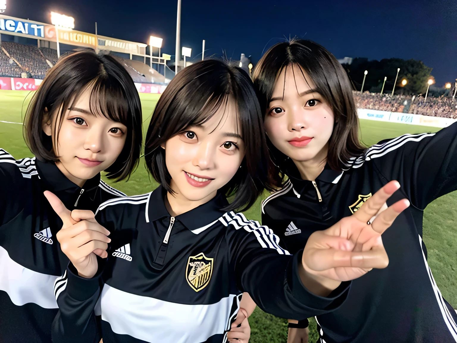 Night Background、30 years old、Beauty、Group photo of 3 people、Soccer uniforms、Selfie、Light eye makeup、Black hair color、flat 、Hair blowing in the wind、short hair、Long sleeve、smile