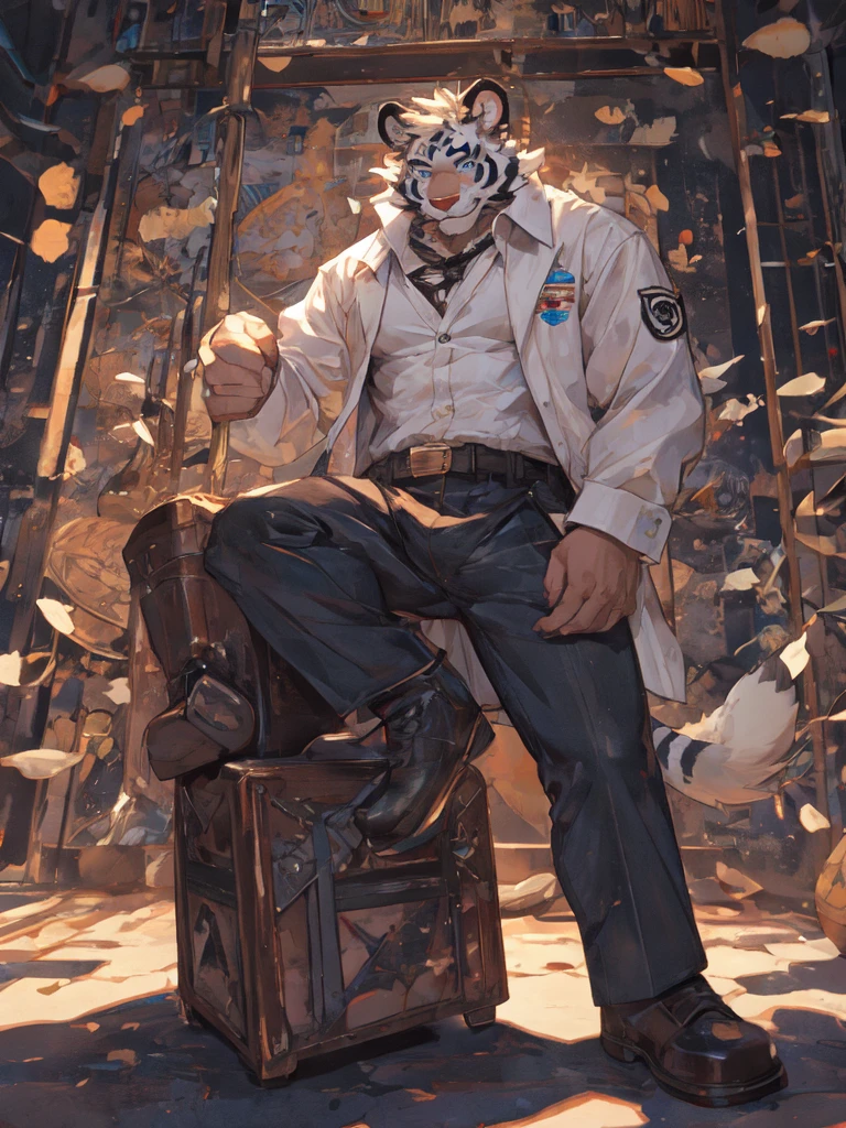 {{bara extremely handsome white tiger,}} {{white fur,}} white, wearing military like purple trench coat, purple trousers, white dress shirt and necktie, white fluffy furry body and limbs, loafers, very tall, very broad shoulders, narrow waist, muscular arms, massive pecs, purple eyes, very long legs, sitting on swivel chair with legs spread, perspective, massive bulge, reading file, sophisticated hot look, sexy pose, full body, sunlight casting over, 3/4 view, best quality, high quality, silver earring on left ear, sultry smirk