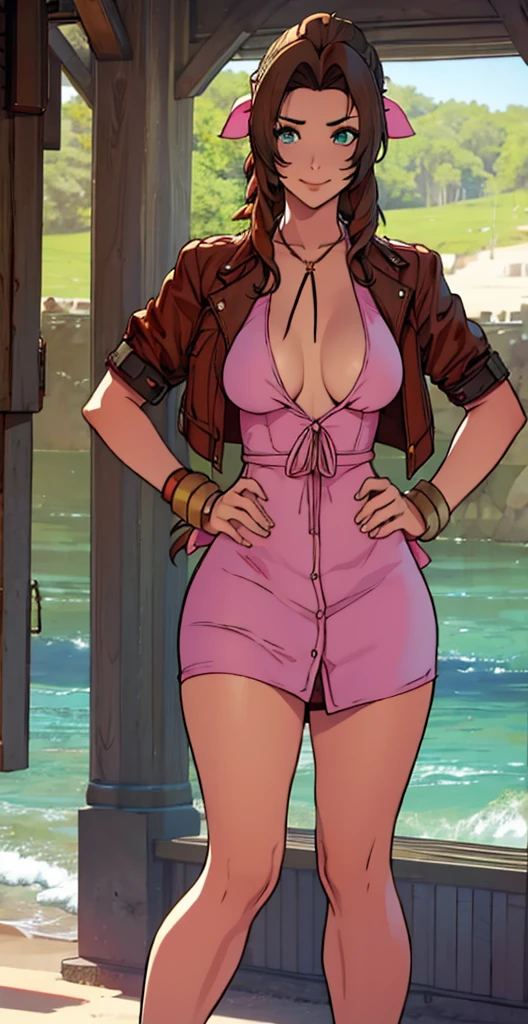 ​masterpiece, best qarity, Aerith Gainsborough, She is standing, she is raised, short dress, Athletic build, thin waste, broad hips, perky ass, gargantilha, Short jacket, hair bow, bracelet, pink dress, spectator side, smile, mouth shut, inside, stained glass, legs thick, big boobies, very short dress, she is standing, She is standing, beach scene